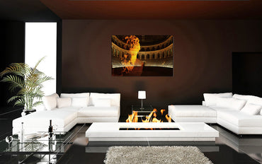 Heracles Arena acrylic print by Storaro Art Collection - Heracles sculpture with golden Roman amphitheater in heroic fire atmosphere in premium wall art